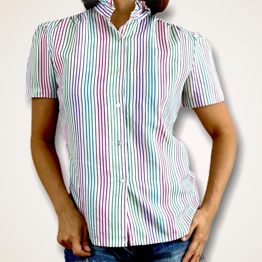 Vintage Rainbow Stripe Ruffle Collar Blouse